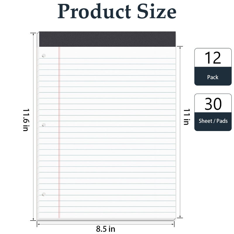 HAUTOCO 12 Pack 8.5 x 11 Legal Pads White Wide Ruled Notepads Perforated Writing Pads, 30 Sheets Per Notepad, 3-Hole Punched Paper, Writing Note Pads for School, Home, Office, Business - Image 2